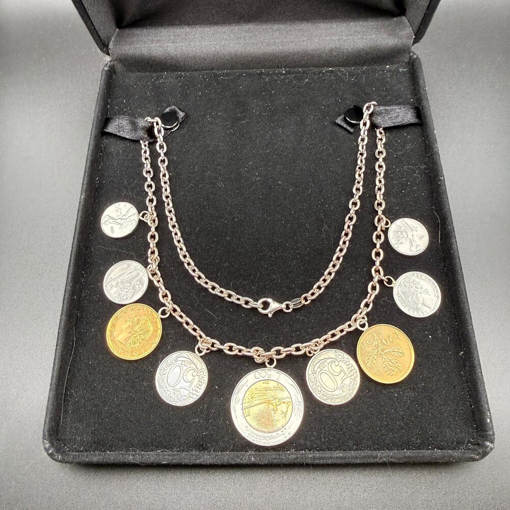 Signed JCM Jacmel 925 Sterling Silver Italian Coin Charm Necklace 32" Repvbblica